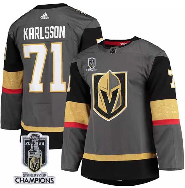 Mens Vegas Golden Knights #71 William Karlsson Gray 2023 Stanley Cup Champions Stitched Jersey